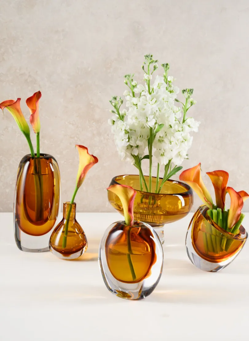 4.5in Tall Muran Amber Glow Hand Blown Deco Glass Vase, Mini
