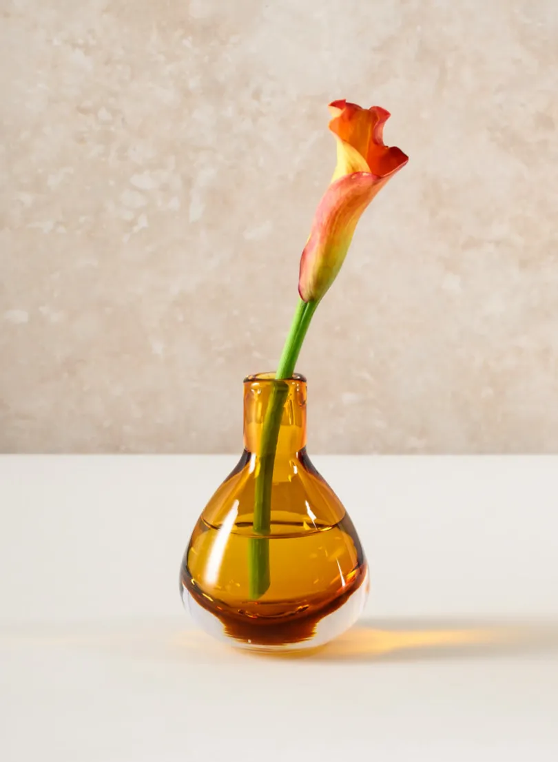 4.5in Tall Muran Amber Glow Hand Blown Deco Glass Vase, Mini
