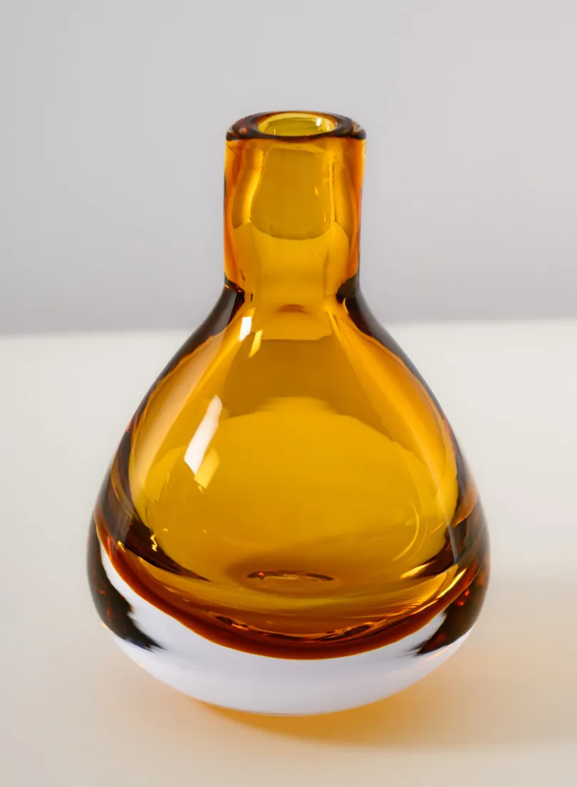 4.5in Tall Muran Amber Glow Hand Blown Deco Glass Vase, Mini