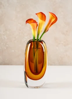 8.5in Tall Norvege Clear and Amber Glow Hand Blown Glass Vase