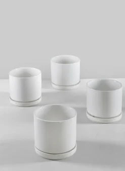 4.5in Tall Odense White Indoor Ceramic Pot with Saucer, Set of 4