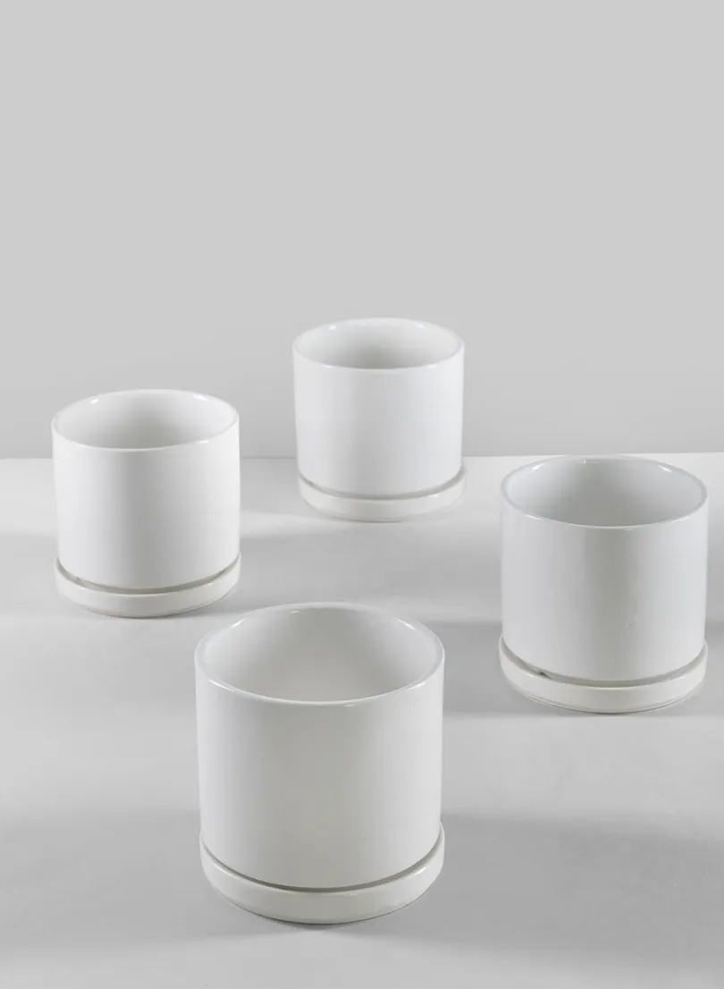 4.5in Tall Odense White Indoor Ceramic Pot with Saucer, Set of 4