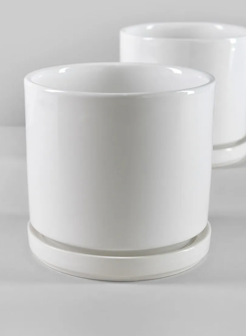 4.5in Tall Odense White Indoor Ceramic Pot with Saucer, Set of 4
