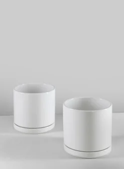 5.5in Tall Odense White Indoor Ceramic Pot with Saucer, Set of 2