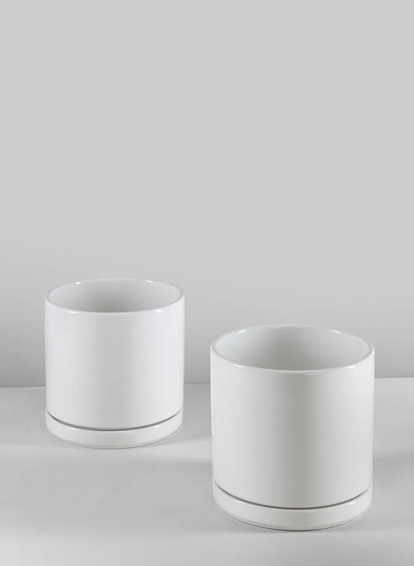 5.5in Tall Odense White Indoor Ceramic Pot with Saucer, Set of 2