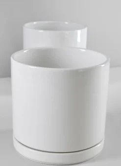5.5in Tall Odense White Indoor Ceramic Pot with Saucer, Set of 2