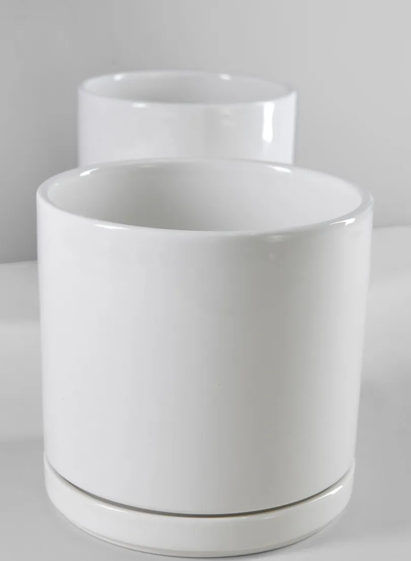 5.5in Tall Odense White Indoor Ceramic Pot with Saucer, Set of 2