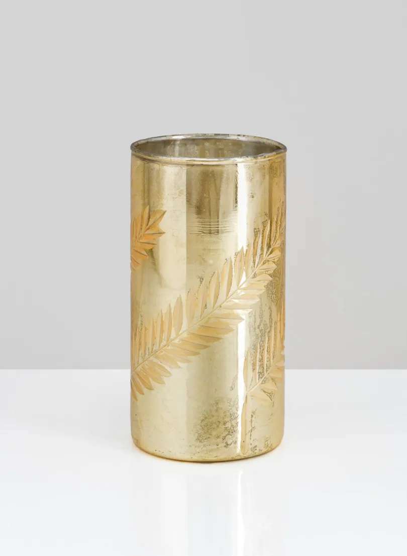 5.75in Tall Palm Etched Gold Mercury Glass Cylinder