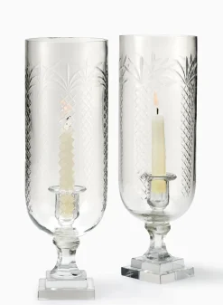 15.25in Tall Palm Leaf Etched Glass Hurricane