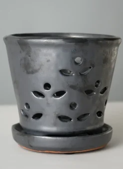 6in Tall Platinum Orchid Ceramic Pot with Saucer