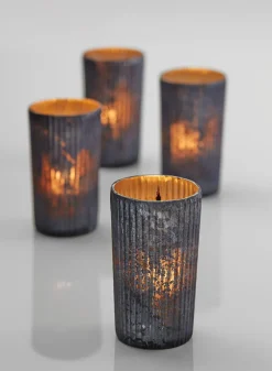 5in Tall Platinum Ribbed Glass Votive Holder, Set of 4