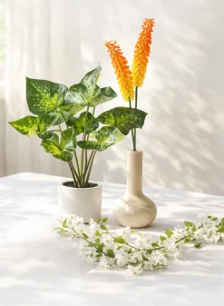 22in Tall Real Touch 9 Stem Green Caladium in White Cement Pot