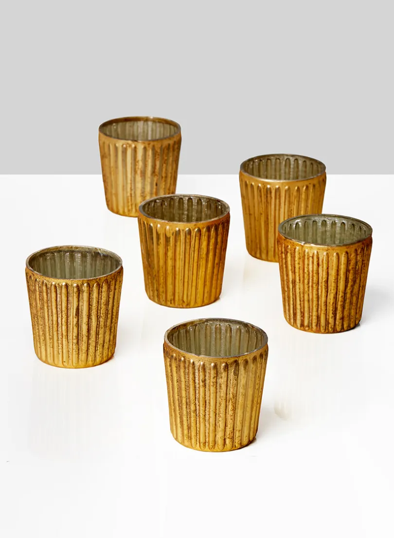 2.75in Tall Ribbed Amber Mercury Glass Votive Holder, Set of 6