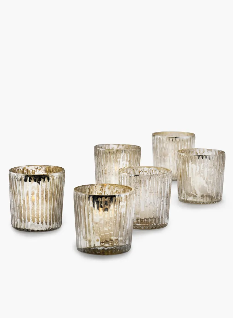 2.5in Tall Ribbed Antique Silver Votive Glass Holder, Set of 6