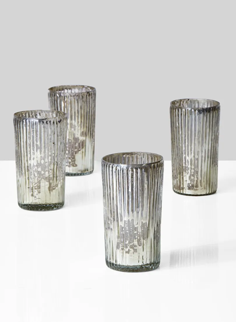 5in Tall Ribbed Antique Silver Glass Votive Holder, Set of 4