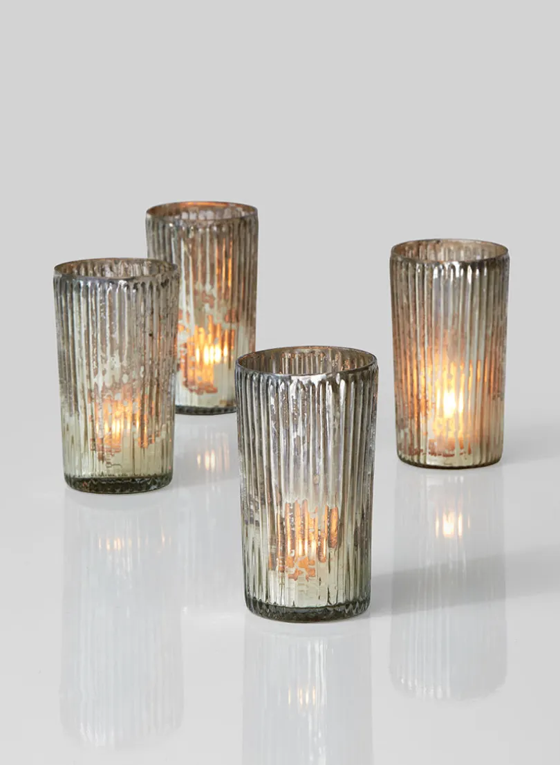 5in Tall Ribbed Antique Silver Glass Votive Holder, Set of 4