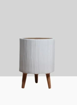 15.75in Tall Ripple Matte White Ceramic Planter With Wood Legs