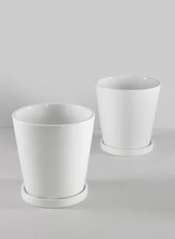 7in Tall Rouen White Ceramic Pot with Saucer, Set of 2