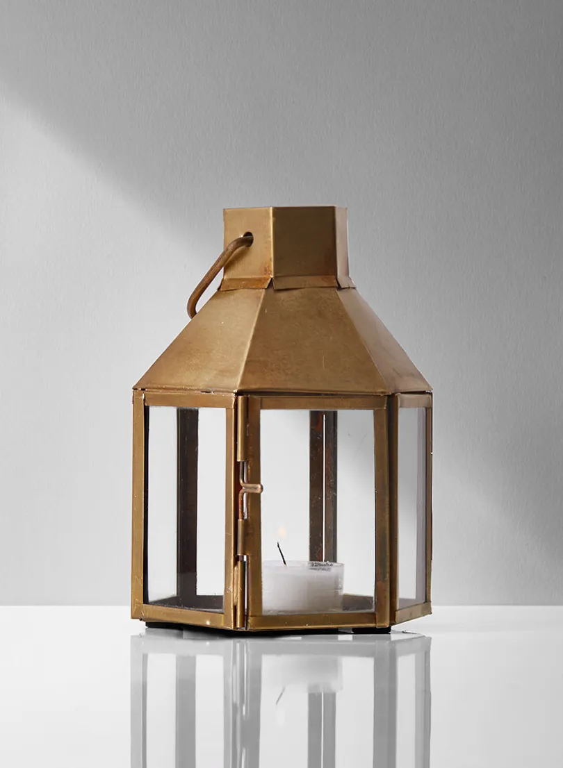5.5in Tall Rustic Brass Hexagon Lantern