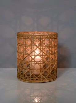 7in Tall Saigon Cane Wrapped Glass Candle Hurricane