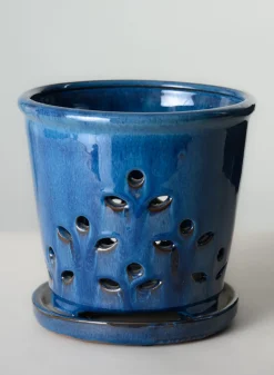 7in Tall Santorini Blue Orchid Ceramic Pot with Saucer
