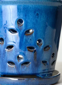 7in Tall Santorini Blue Orchid Ceramic Pot with Saucer