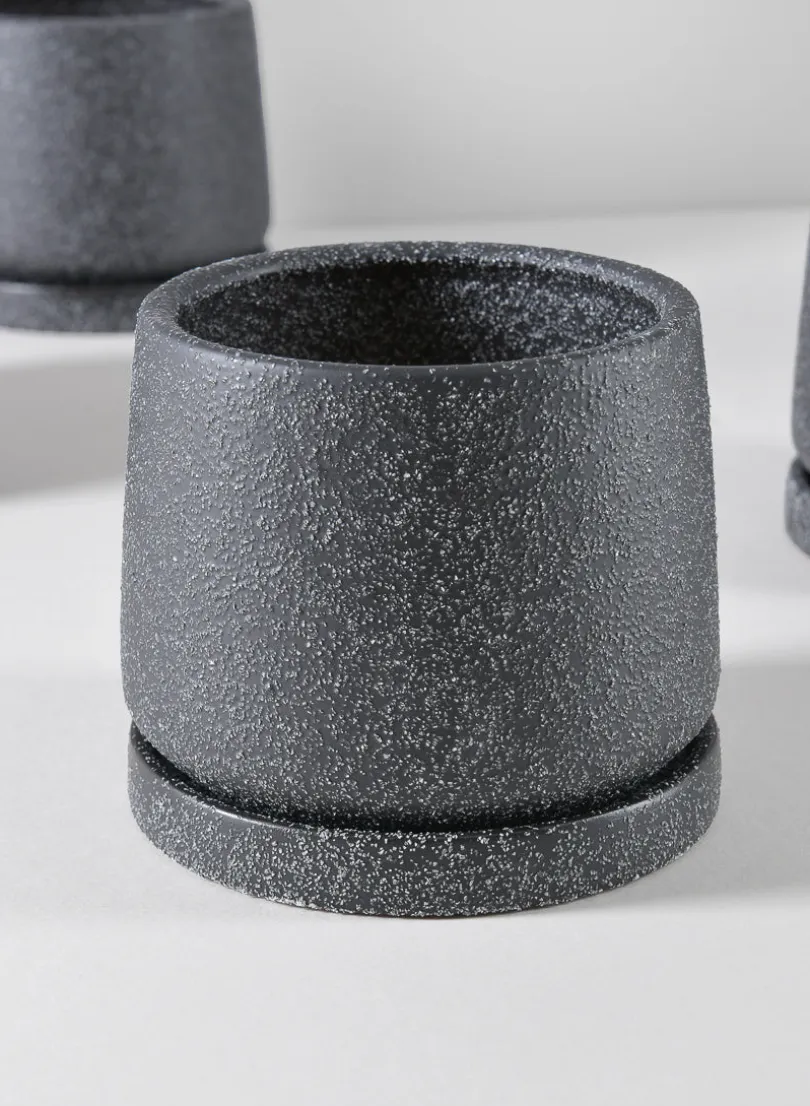 4in Tall Sigtura Sand Black Indoor Ceramic Pot with Saucer, Set of 4