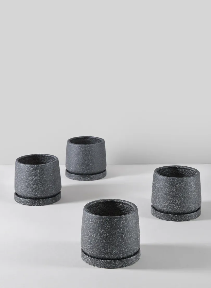 4in Tall Sigtura Sand Black Indoor Ceramic Pot with Saucer, Set of 4
