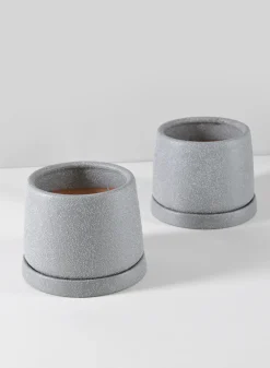 4.5in Tall Sigtura Sand Grey Indoor Ceramic Pot with Saucer, Set of 2