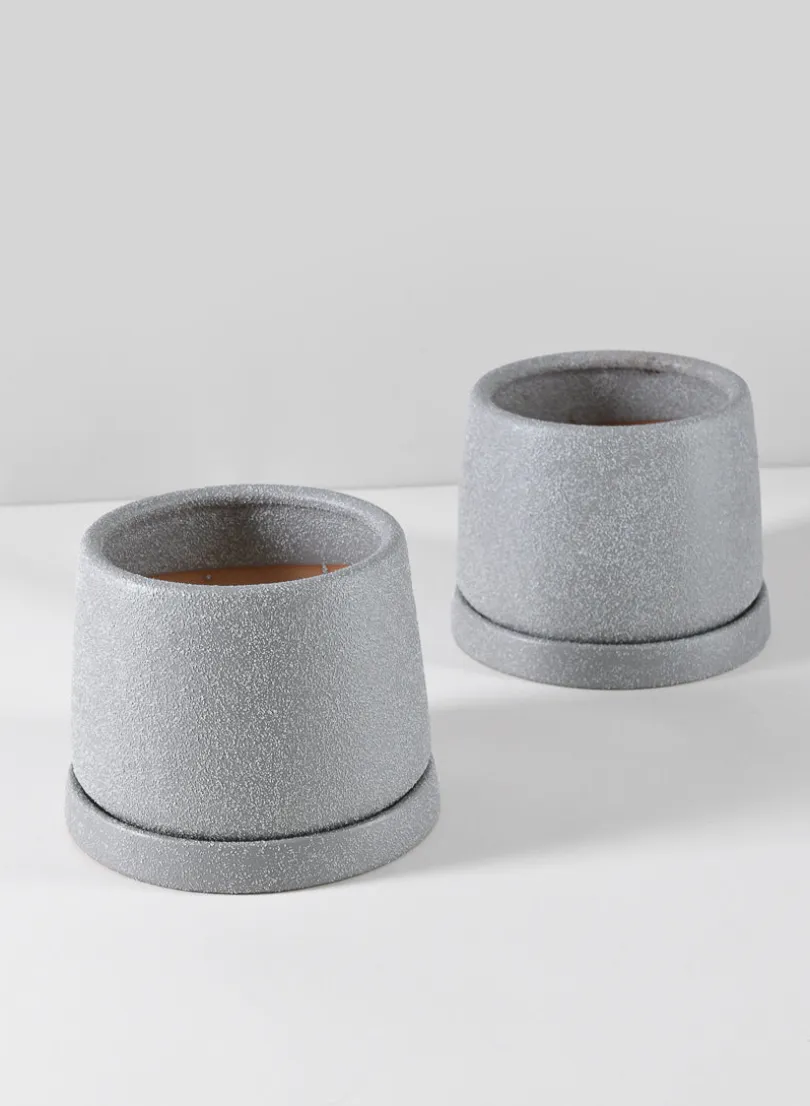 4.5in Tall Sigtura Sand Grey Indoor Ceramic Pot with Saucer, Set of 2