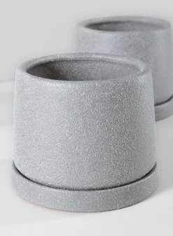 4.5in Tall Sigtura Sand Grey Indoor Ceramic Pot with Saucer, Set of 2
