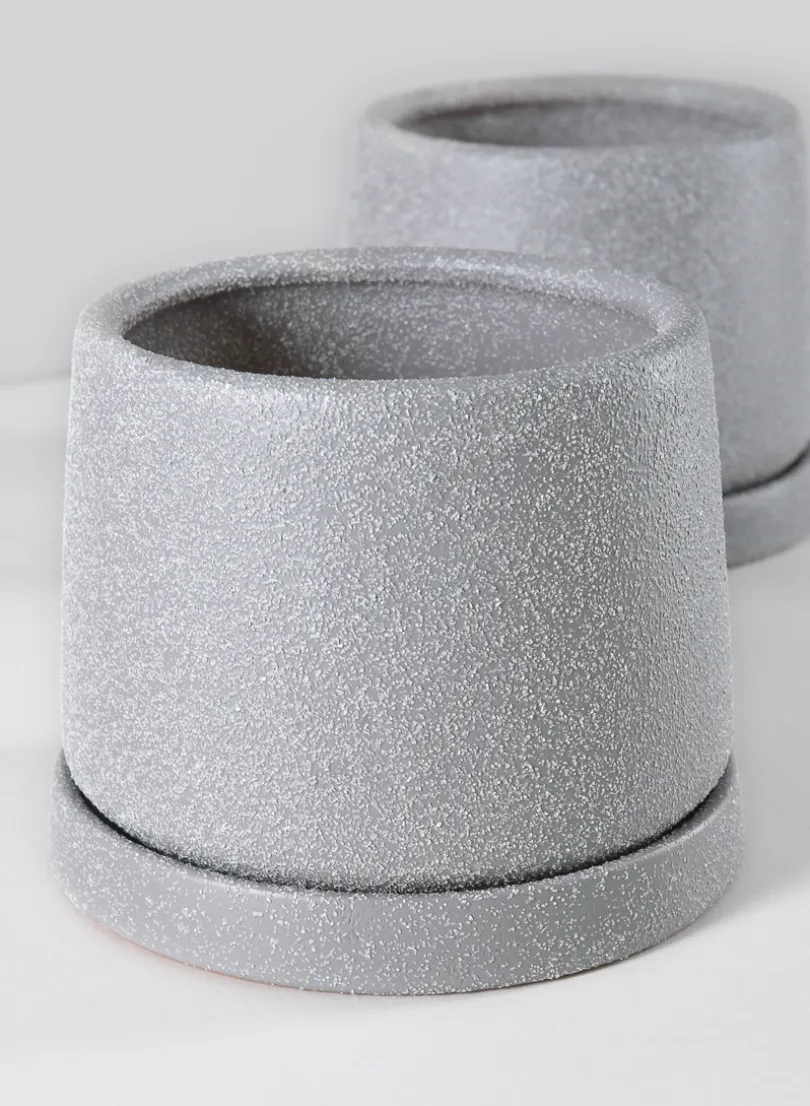 4.5in Tall Sigtura Sand Grey Indoor Ceramic Pot with Saucer, Set of 2