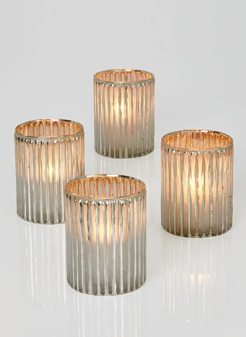 4in Tall Silver Corrugated Glass Votive Holder