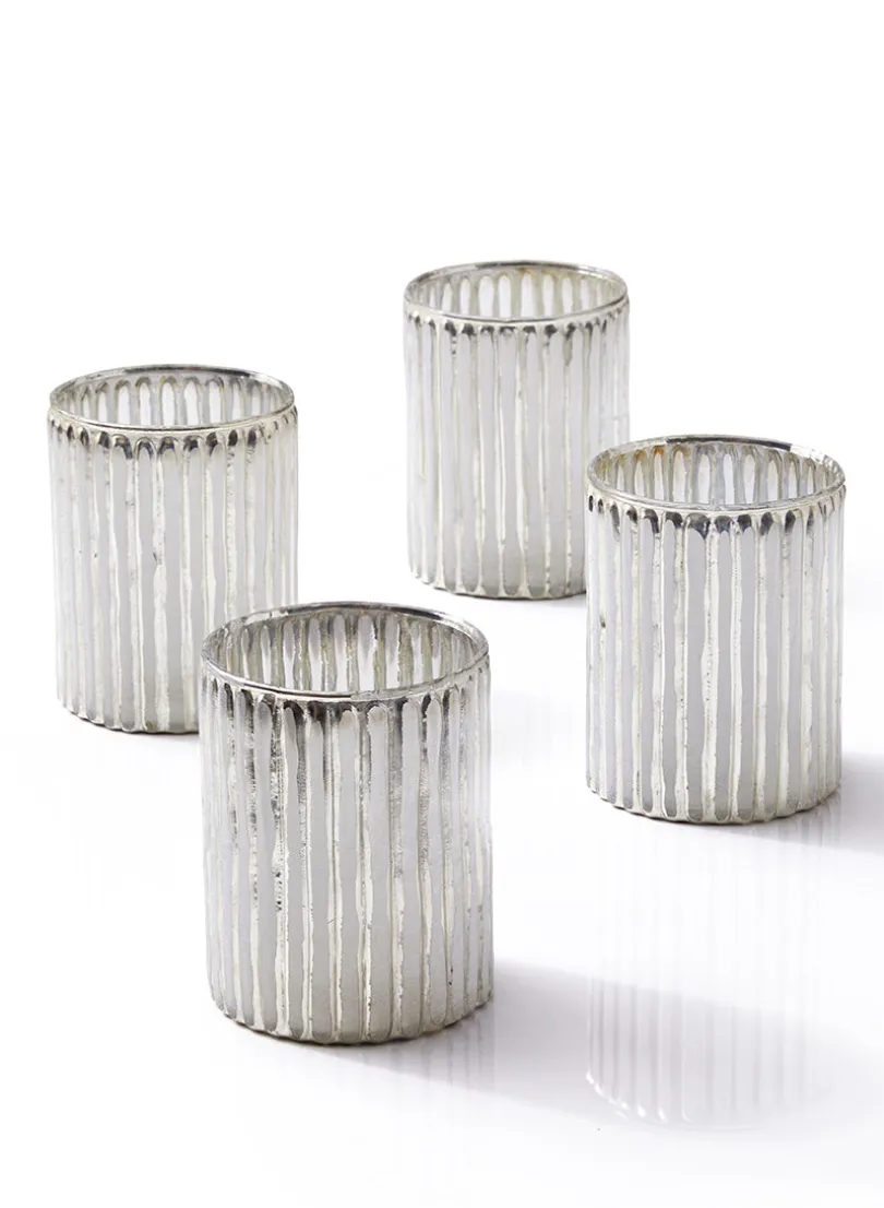 4in Tall Silver Corrugated Glass Votive Holder
