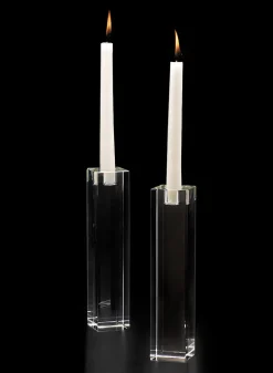 9in Tall Square Crystal Block Taper Glass Candle Holder