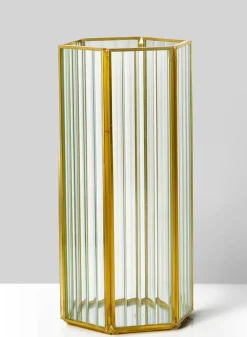 8.75in Tall Striped Glass Gold Hexagon Hurricane