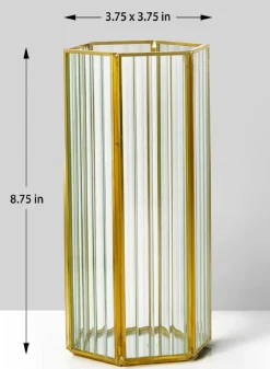 8.75in Tall Striped Glass Gold Hexagon Hurricane