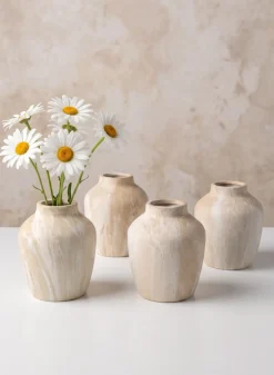 4in Tall Travertine Look Ceramic Mini Vase, Set of 4