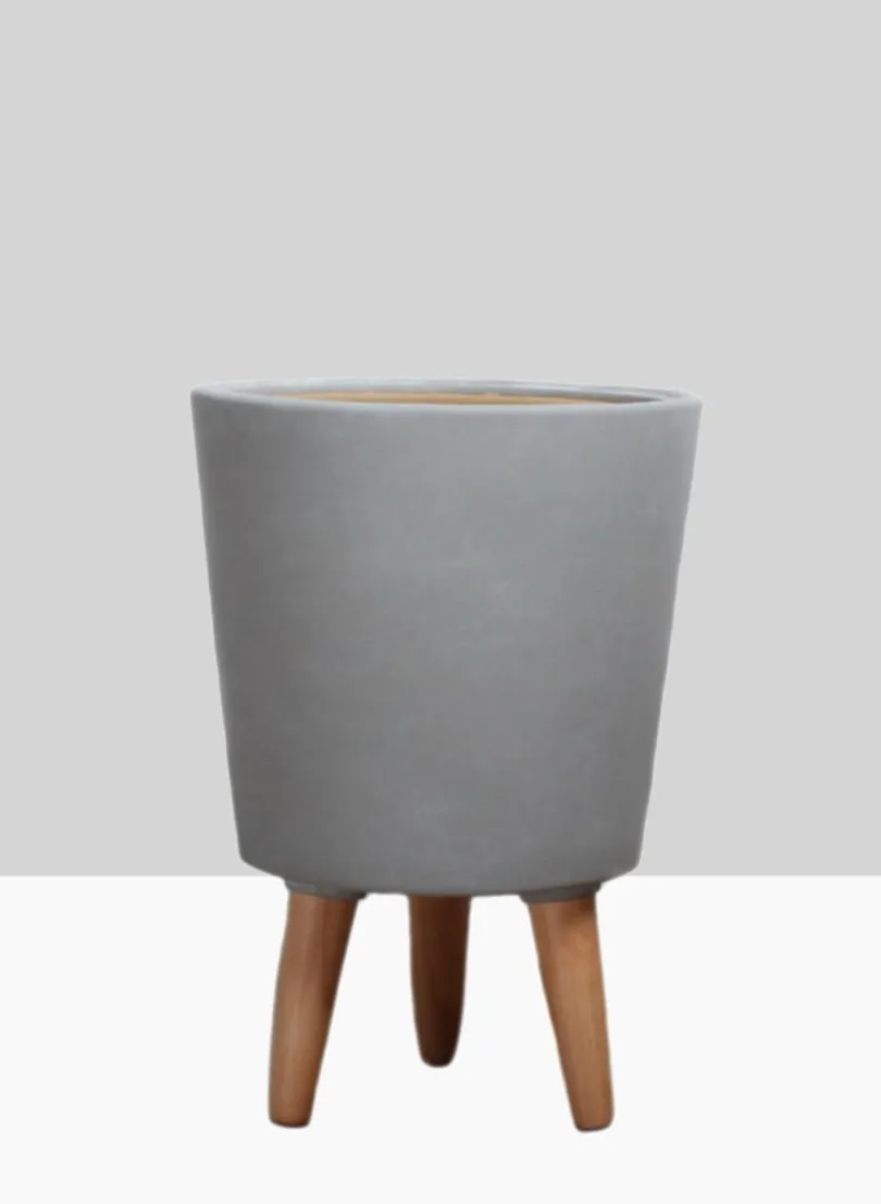 14.5in Tall Vaso Grey Ceramic Pot With Wood Legs