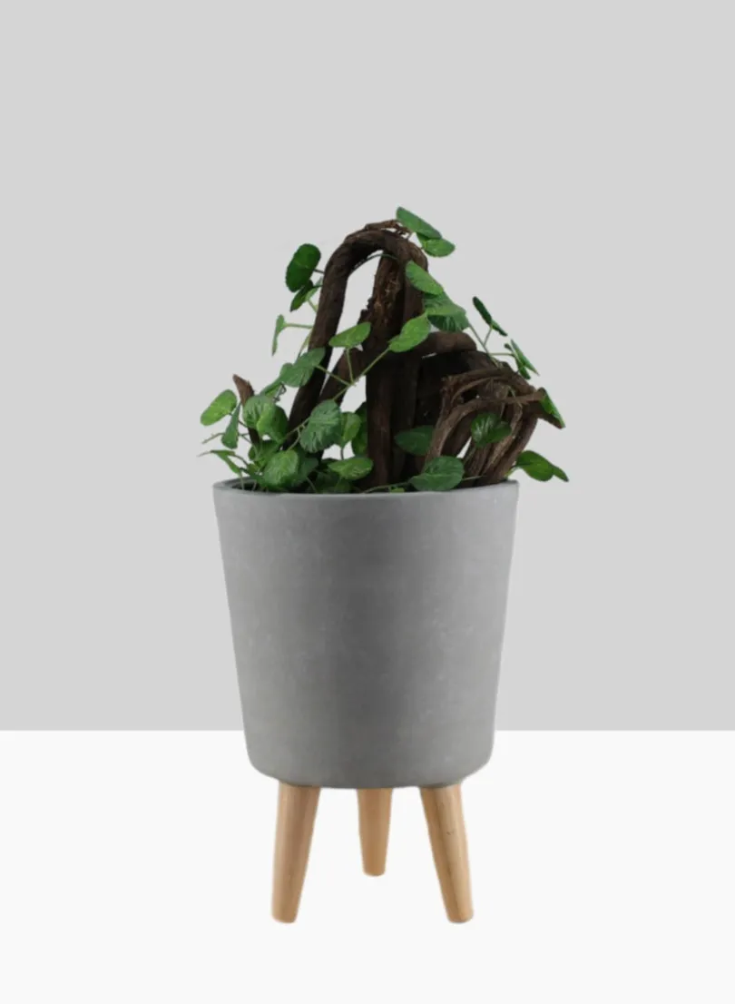 14.5in Tall Vaso Grey Ceramic Pot With Wood Legs