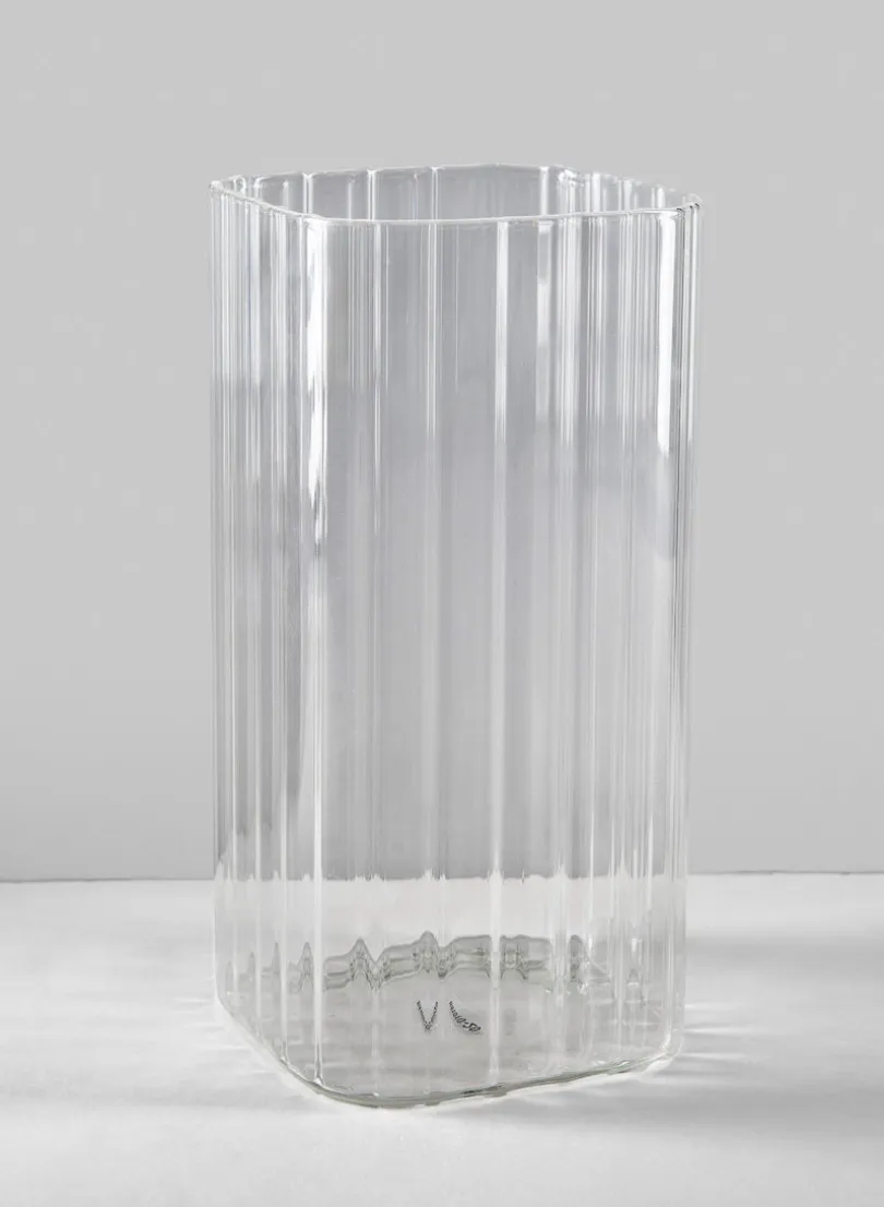 8in Tall Vendome Rounded Square Ribbed Glass Vase