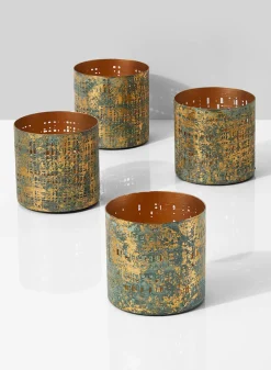 3.25in Tall Verdigris & Gold Pierced Iron Votive Holder