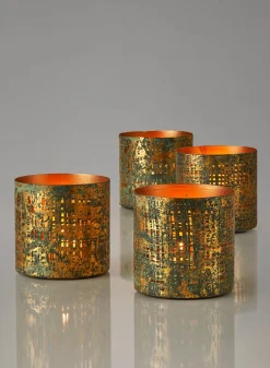 3.25in Tall Verdigris & Gold Pierced Iron Votive Holder