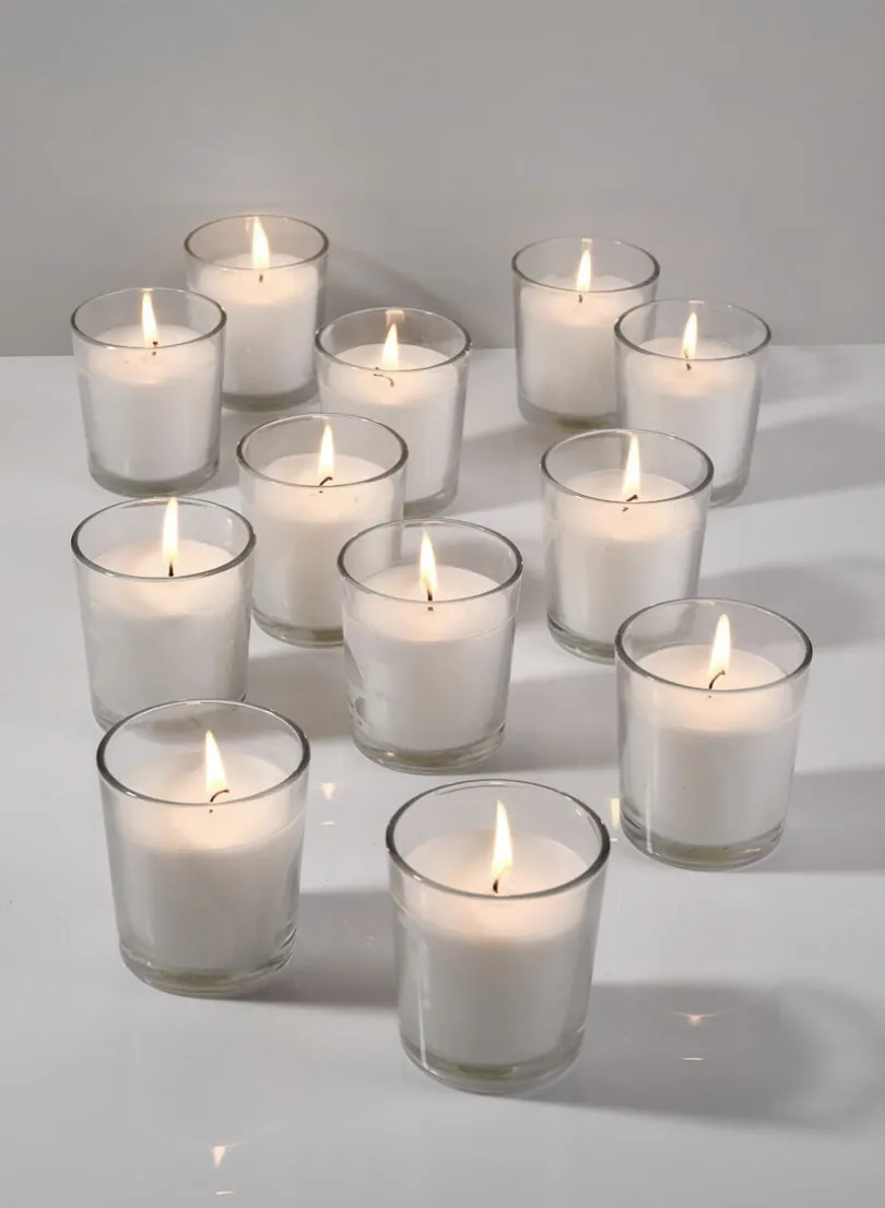 3in Tall White Votives In Clear Glass, 24-Hour, Set of 12