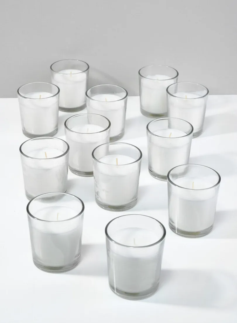 3in Tall White Votives In Clear Glass, 24-Hour, Set of 12