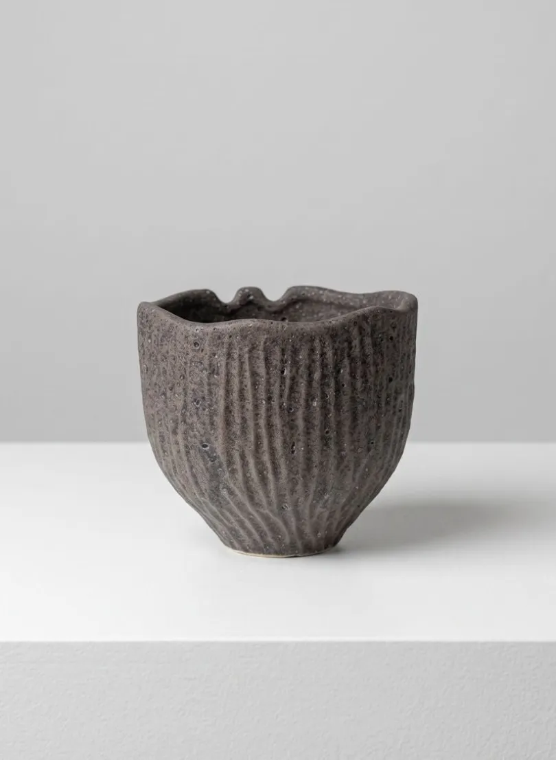 6in Wide Boheme Ridged Black Lava Ceramic Cachepot, Case of 6