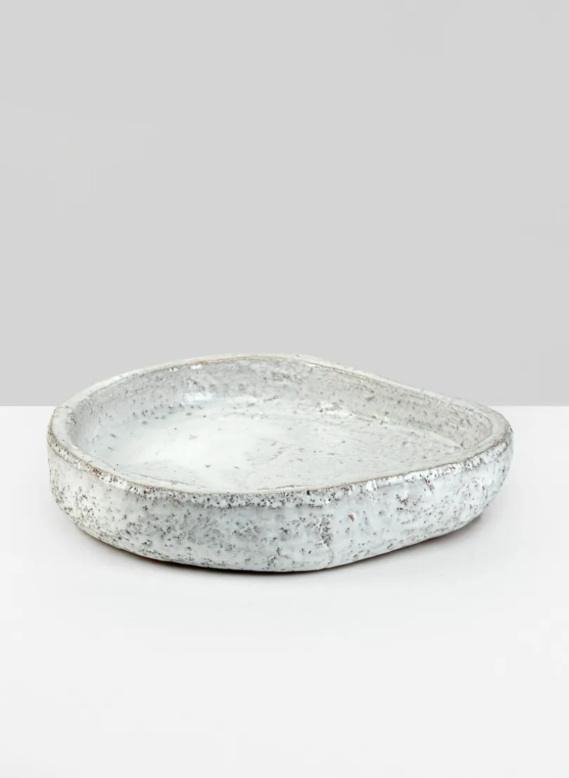 10.5in Wide Byzantine Aged White Shallow Ceramic Bowl
