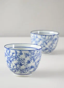 4.25in Wide Dynasty Blue Floral Ceramic Bowls, Set of 2