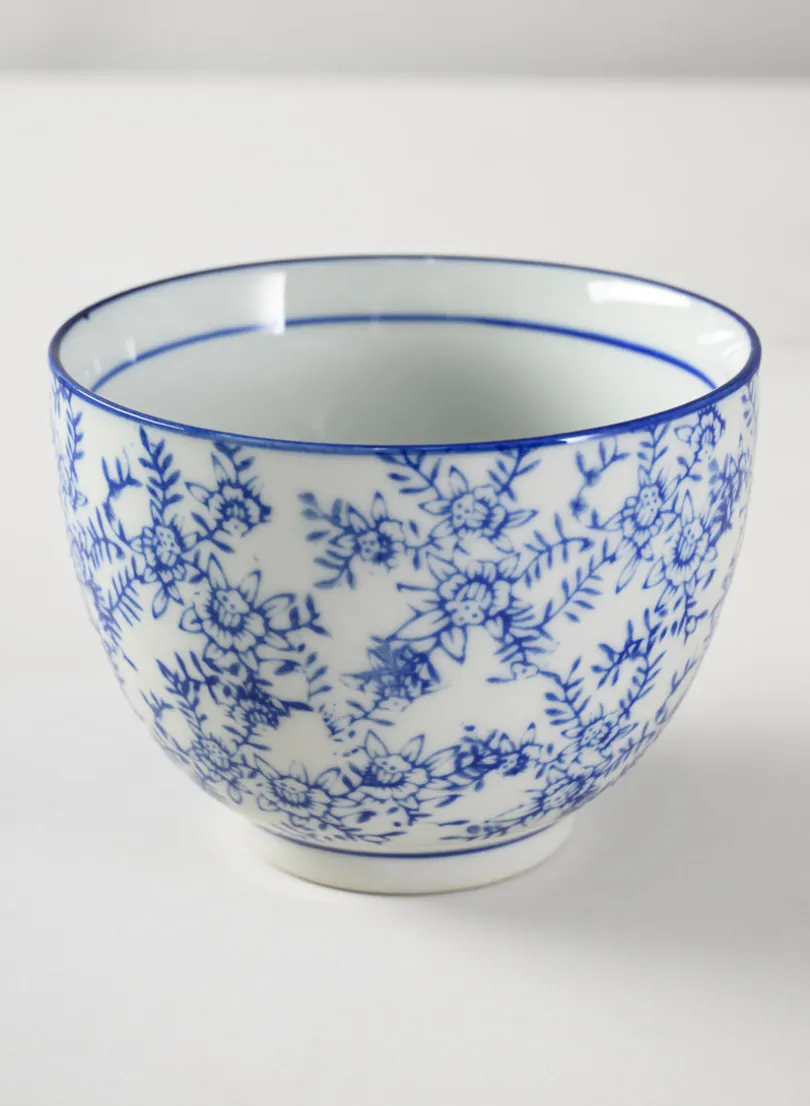 4.25in Wide Dynasty Blue Floral Ceramic Bowls, Set of 2