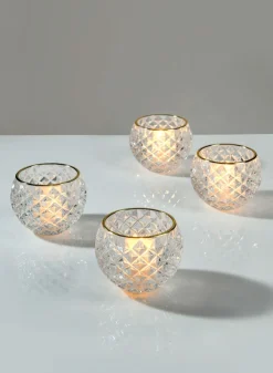 3in Wide Gold Rim Diamond Glass Fishbowl Tea Light Holder, Set of 4